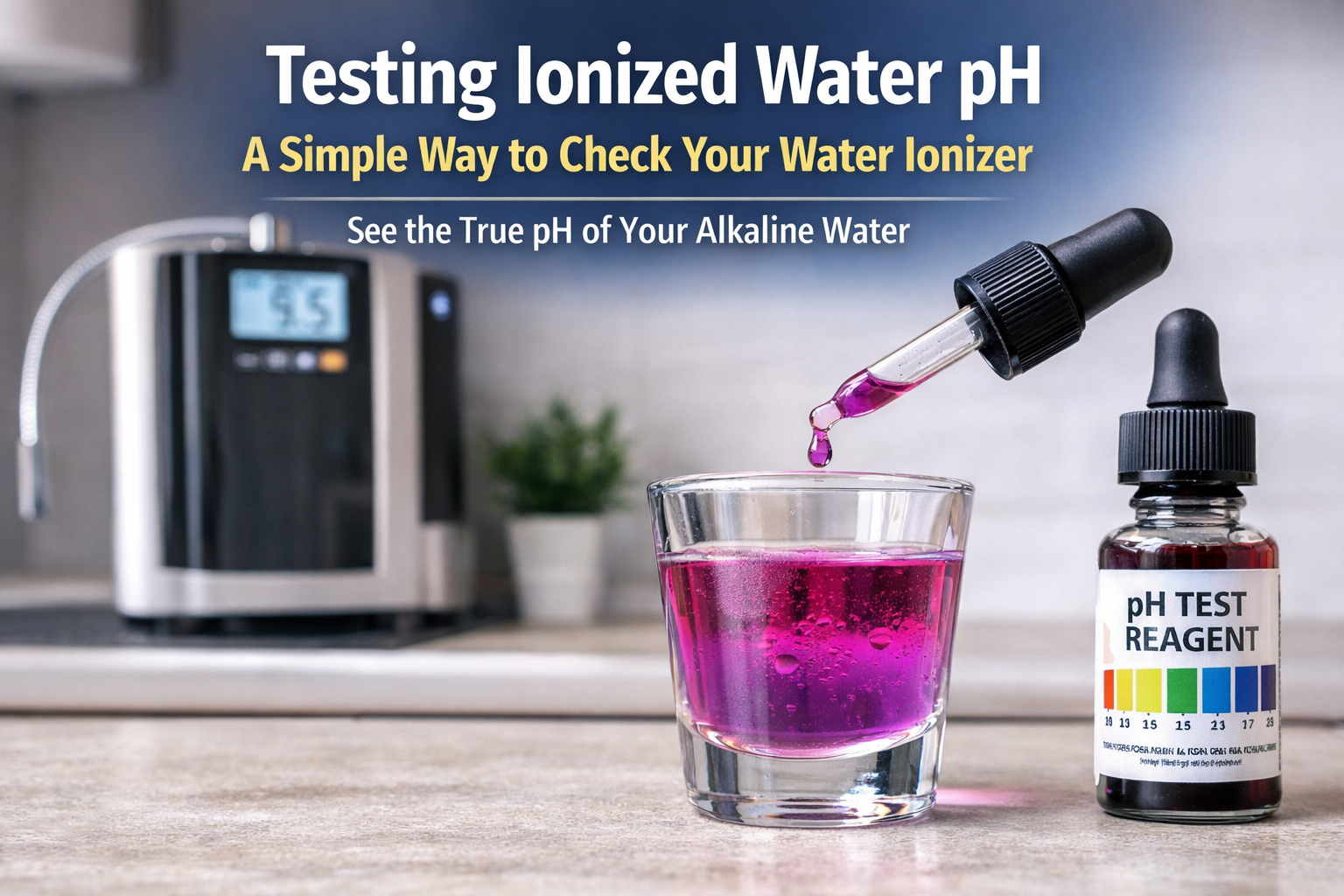 Testing ionized water pH using reagent drops showing color change in water sample