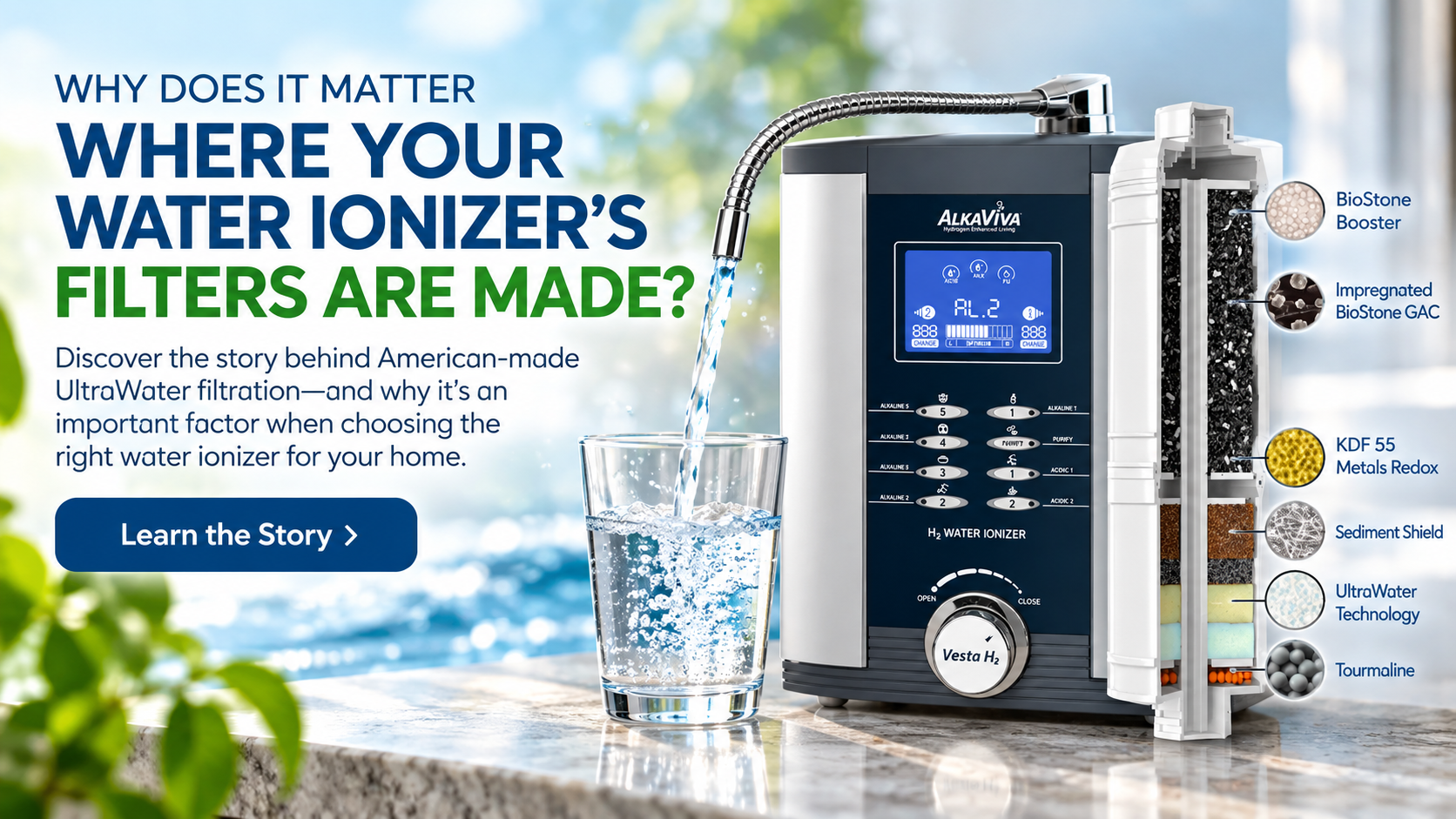 American-made UltraWater filtration and AlkaViva Vesta H2 water ionizer